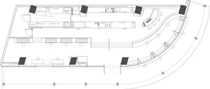 Commercial dining space with modern layout, multiple tables, chairs, and sinks, suggesting a restaurant or kitchen