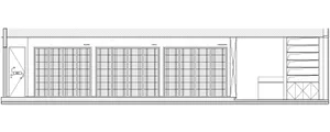 2D floor plan of a modern storage facility with multiple rooms lined up in a row, featuring white linework and labels, emphasizing vertical lines and depth