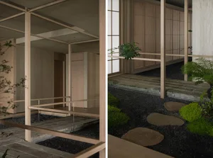 Modern interior design project featuring wooden floors, a staircase, and a potted plant, with a focus on functionality and aesthetics