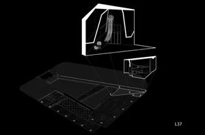 Black and white architectural rendering of a building's interior with open areas, enclosed spaces, hallways, and rooms connected by doors and windows