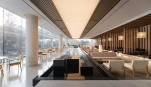 Sophisticated hotel lobby with black marble tables, chairs, and couches, creating a luxurious atmosphere with refined ambiance