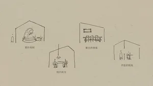 A house with four rooms, including a dining area, living room, and bedroom, depicted in various illustrations with a cozy and comfortable atmosphere