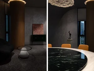 A dimly lit interior space with chairs, tables, and artwork on the walls, designed for socializing and enjoying meals