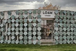 A modern cafe with a glass wall featuring hexagonal shapes, surrounded by a tree and outdoor seating area