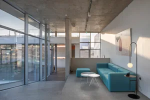 Open modern living area with a couch, chairs, dining table, and potted plant, surrounded by natural light and clean lines