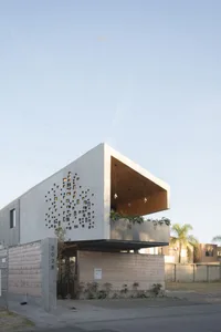 A modern house with a large window on its side, surrounded by a concrete exterior and two potted plants in front