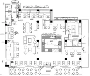 2D floor plan of a modern space with clean lines, minimalistic design, and neutral tones, featuring multiple dining tables and chairs, with natural and artificial light sources