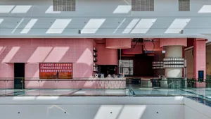 Bright and inviting cafe interior with pink walls, a glass counter, and sunlight streaming in through windows