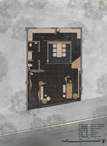 A warm and inviting home interior with wooden floors and walls, featuring a living room, dining area, kitchen, and bedroom, with chairs and potted plants adding to the cozy atmosphere
