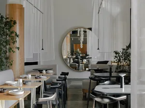 Modern restaurant interior with dining area, tables, chairs, and potted plants, featuring a comfortable and inviting atmosphere