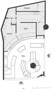 2D floor plan of a modern home with a circular central feature, clean lines, and minimalistic elements, featuring a kitchen, living room, dining area, and bedroom