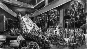 A black and white drawing of a large auditorium filled with people seated in chairs, creating a sense of depth and dimension