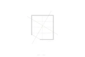 A minimalist floor plan of a square-shaped room with black lines on a white background, featuring a focus on layout and dimensions