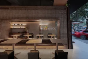 A modern restaurant with wooden tables and chairs, creating a cozy atmosphere with ample seating options and inviting lighting