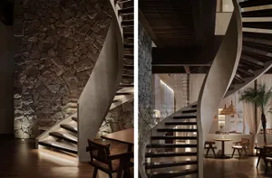 A stone staircase with a real and rendered view, showcasing the design and structure of the stairwell, including steps and railings