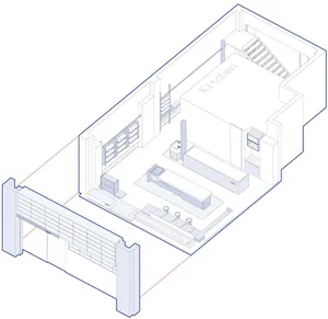 Empty kitchen with white walls and cabinets, two couches in the adjacent living area