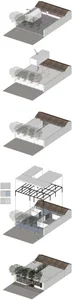 Architectural drawing of a modern house with a patio area, featuring walls, windows, doors, and furniture, rendered in a daytime setting