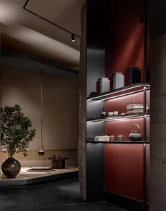 A modern interior space with a red wall, a black cabinet, and decorative items on display