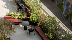A relaxed outdoor dining area with a black table surrounded by chairs and potted plants