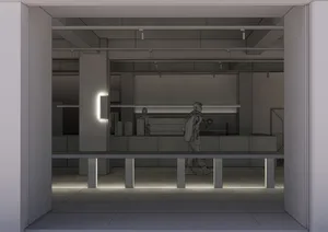 A calm and quiet modern lobby with a large open area, a counter, and a few chairs, featuring a concrete design