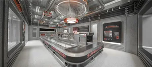 Industrial kitchen with modern appliances, dining table, and chairs, featuring two ovens, three refrigerators, and a functional atmosphere