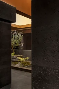A serene indoor space with a small tree in a rock garden surrounded by concrete walls and two large rocks, creating a peaceful atmosphere