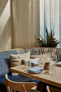 Modern living room with a dining table, chairs, and potted plants, set up for a dinner party or gathering