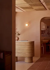 A well-lit dining room with a table, chairs, vases, and a potted plant, creating a warm and inviting atmosphere