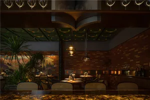 Sophisticated restaurant interior with wooden furniture, wine glasses, and a warm atmosphere