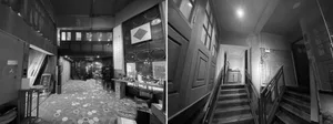 A modern building with a wooden staircase and door, featuring clean lines and minimalistic design, with warm and inviting lighting