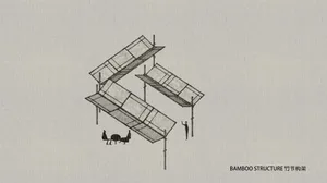 A modern building with multiple levels, a rooftop terrace, and a wooden structure, set against a stylized background