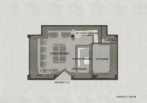 Black and white floor plan of a modern minimalist building with clear demarcations between areas, likely featuring concrete, wood, or metal materials, and dimly lit for a cozy atmosphere