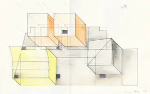 Abstract representation of a modern interior space with clean lines, minimalistic elements, and neutral tones of gray, brown, and yellow, with diffused and evenly distributed lighting