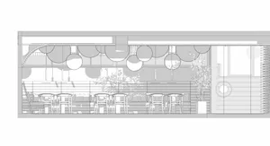 Empty restaurant interior with modern and traditional design elements, featuring multiple dining tables and chairs, clean and well-organized atmosphere