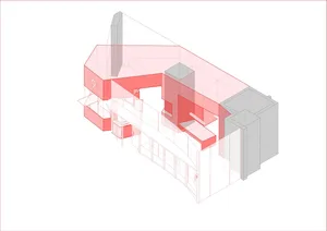 Architectural drawing of a modern house with various rooms and spaces outlined in different colored lines