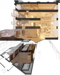 Modern interior space with open areas, large windows, and white walls, featuring a bright and spacious atmosphere