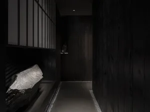 Narrow hallway with dark wood walls and flooring, two doors, and a cozy atmosphere