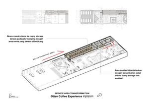 Architectural drawing of a coffee shop with tables, chairs, and a dining area, featuring inviting and comfortable atmosphere