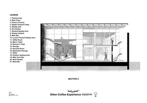 Modern coffee shop interior with concrete walls, clean lines, and natural and artificial lighting