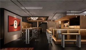 A cozy bar area with a wooden countertop, stools, and chairs, creating a welcoming atmosphere for patrons