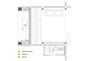 2D floor plan of a modern coffee shop with various rooms and seating areas