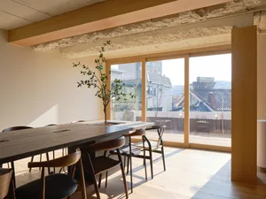 Open dining space with a table and chairs near a large window, a potted plant, and bright atmosphere
