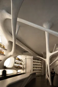 A cozy bar area with wine bottles on shelves, two people, and a relaxed atmosphere