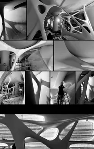 Construction site with a mix of concrete, wood, and metal elements, featuring workers and various building stages