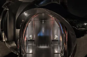 Spacious hotel lobby entrance with a large glass door, black wall, silver door, and potted plants, featuring a modern and sophisticated atmosphere