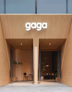 Warm and inviting entrance with wooden walls, doors, and potted plants adding a touch of greenery