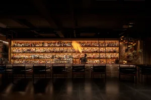 A lively bar scene with a bartender, chairs, and a well-stocked bar with bottles and surfaces