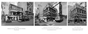A construction site with a building under progress, showing exterior and interior views with trucks, workers, and a crane