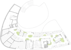A modern interior space with various rooms and spaces, featuring a mix of dining, living, and office areas, with a focus on efficient use of space and aesthetically pleasing elements