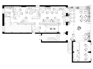 2D floor plan of a modern hotel or office complex with clean lines, minimalistic elements, and well-lit spaces